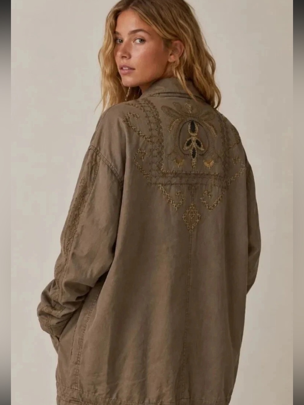 Free people army green utility medium weight lined embroidered jacket M READ